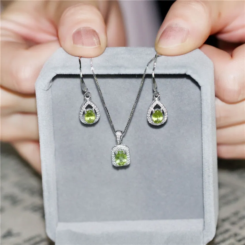 Natural Gemstone Green Peridot Hook Earrings Women Halo Pendant Necklace Pure Silver 925 Fine Jewelry Sets with Box