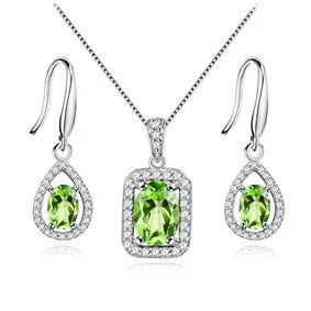 Natural Gemstone Green Peridot Hook Earrings Women Halo Pendant Necklace Pure Silver 925 Fine Jewelry Sets with Box
