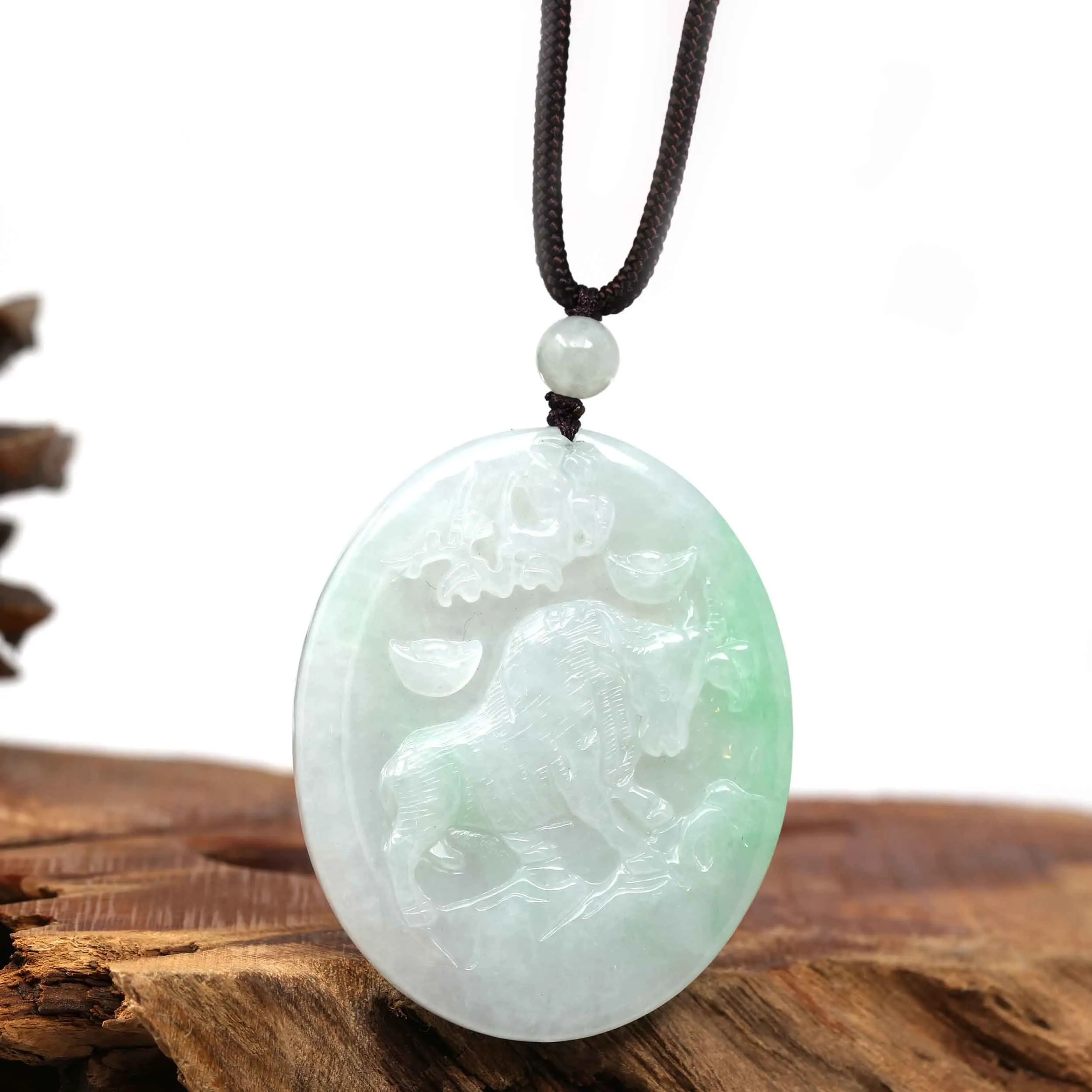 Natural Green Jadeite Jade "Bull" Zodiac Pendant Necklace For Men, Collectibles.