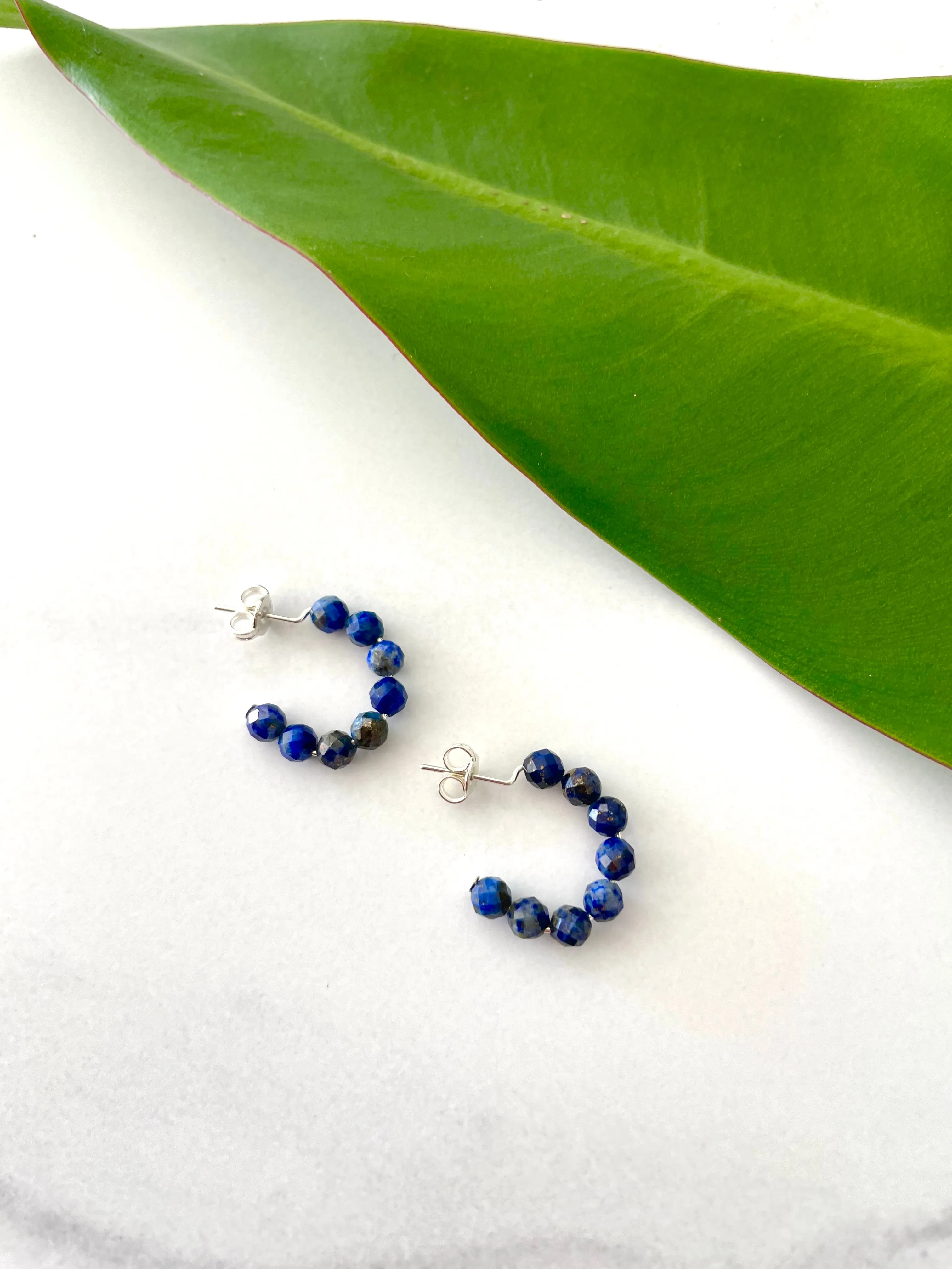 Petite Moon Gem Hoops in Lapis or Amazonite