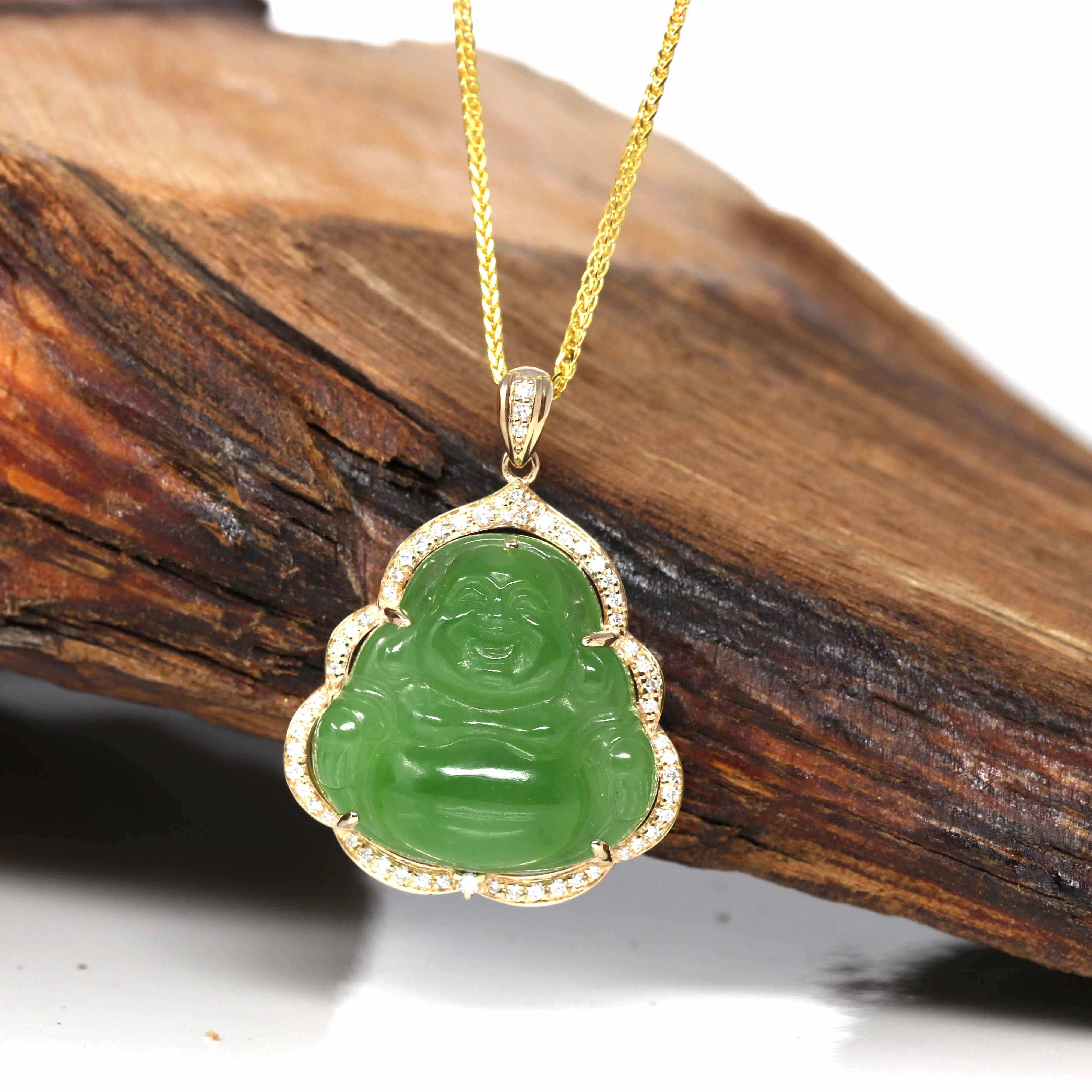 RealJade® "Laughing Buddha" 14k Gold Genuine Nephrite Apple Green Jade with Diamonds Buddha Pendant Necklace High-end Collectable