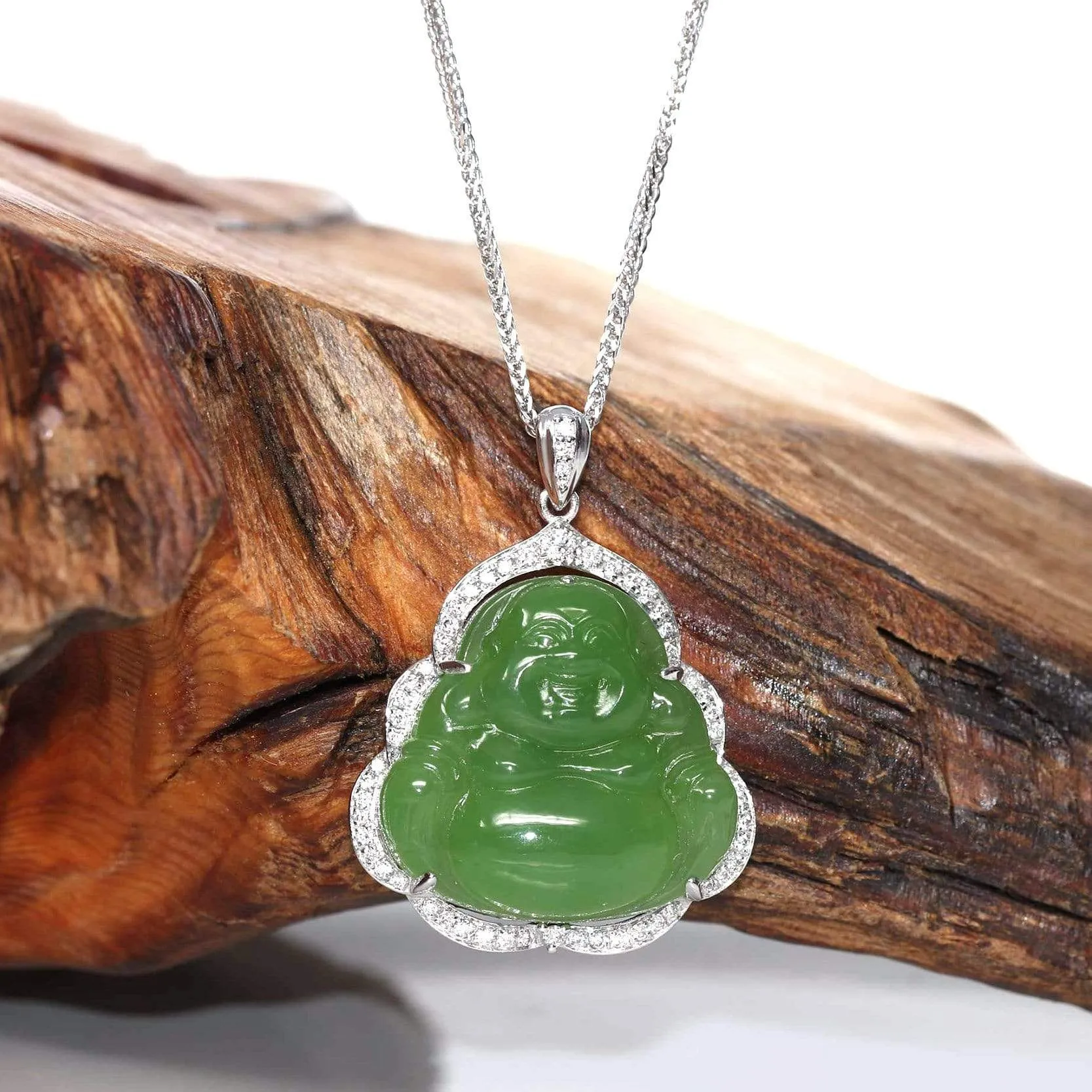 RealJade® "Laughing Buddha" 14k Gold Genuine Nephrite Apple Green Jade with Diamonds Buddha Pendant Necklace High-end Collectable