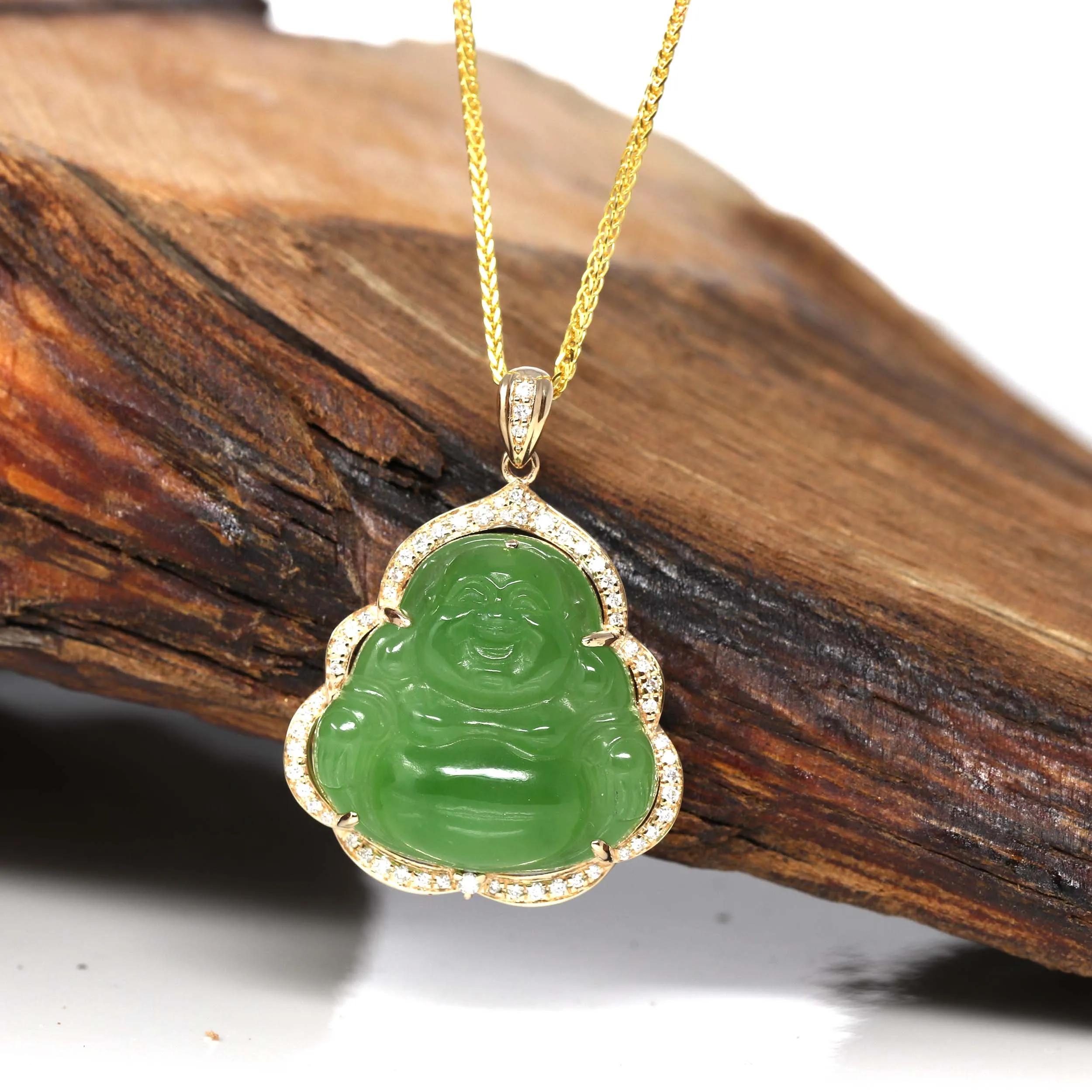 RealJade® "Laughing Buddha" 14k Gold Genuine Nephrite Apple Green Jade with Diamonds Buddha Pendant Necklace High-end Collectable