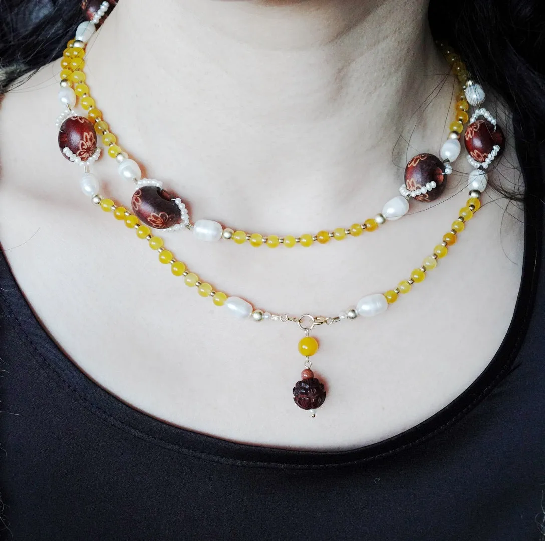 Return to Origin Yellow Jade Beaded Necklace 34 Inch