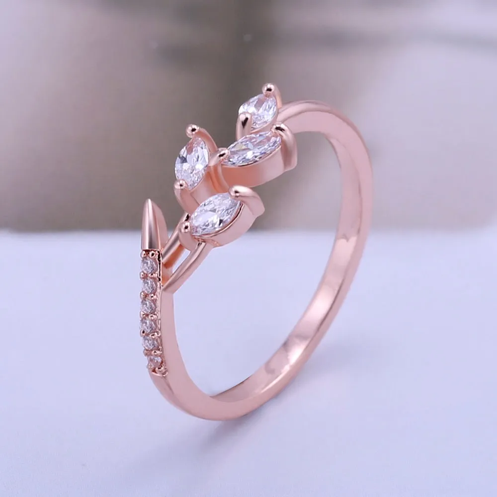 Romantic Jewelry Cute Rose Gold Leaf Cubic Zircon Wedding Band Ring for Women