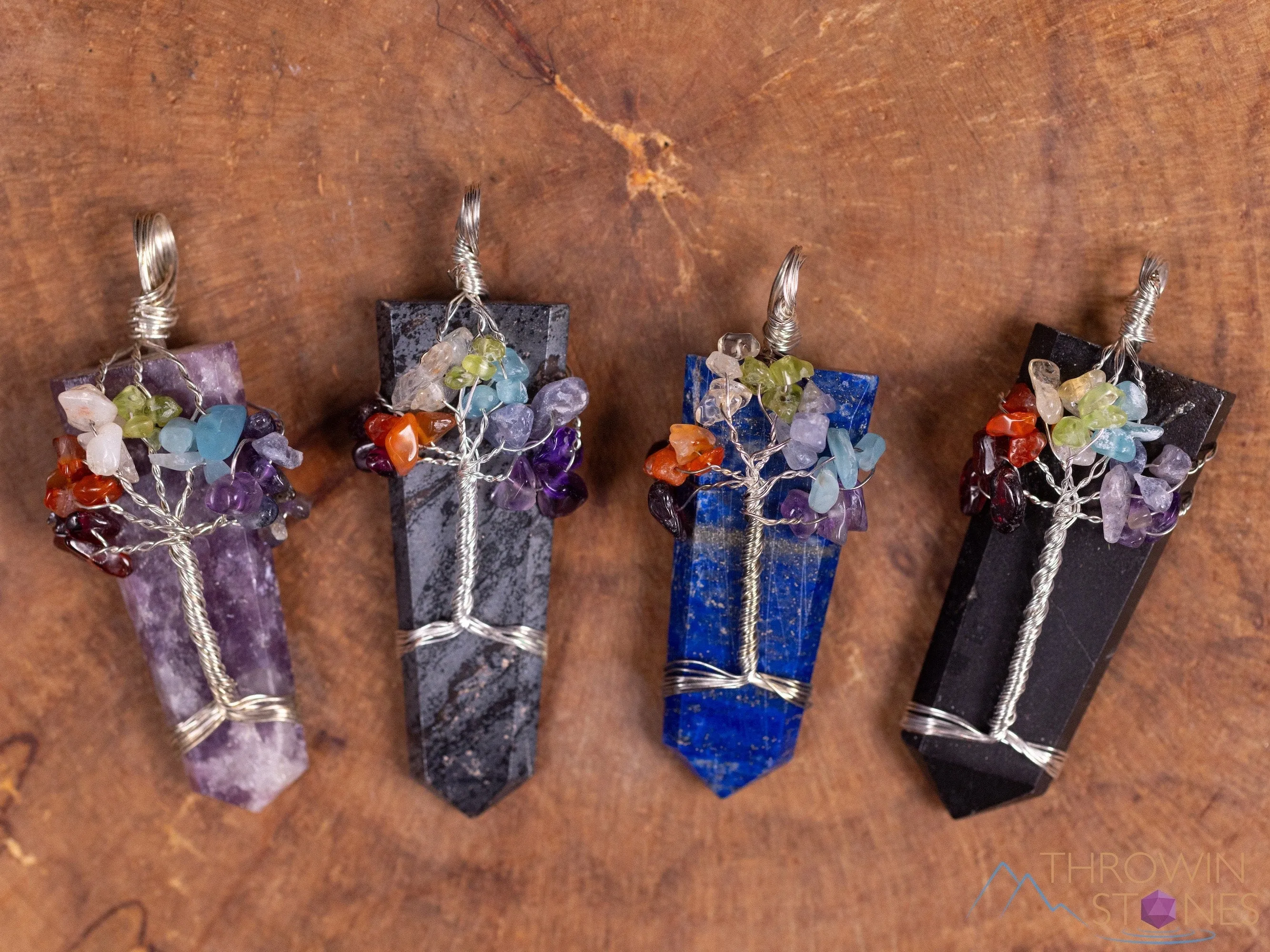 Tree of Life Pendant, CHAKRA Crystal Points Pendant - Lepidolite, Hematite, Black Tourmaline, Lapis Lazuli - Wire Wrapped Jewelry, E2147