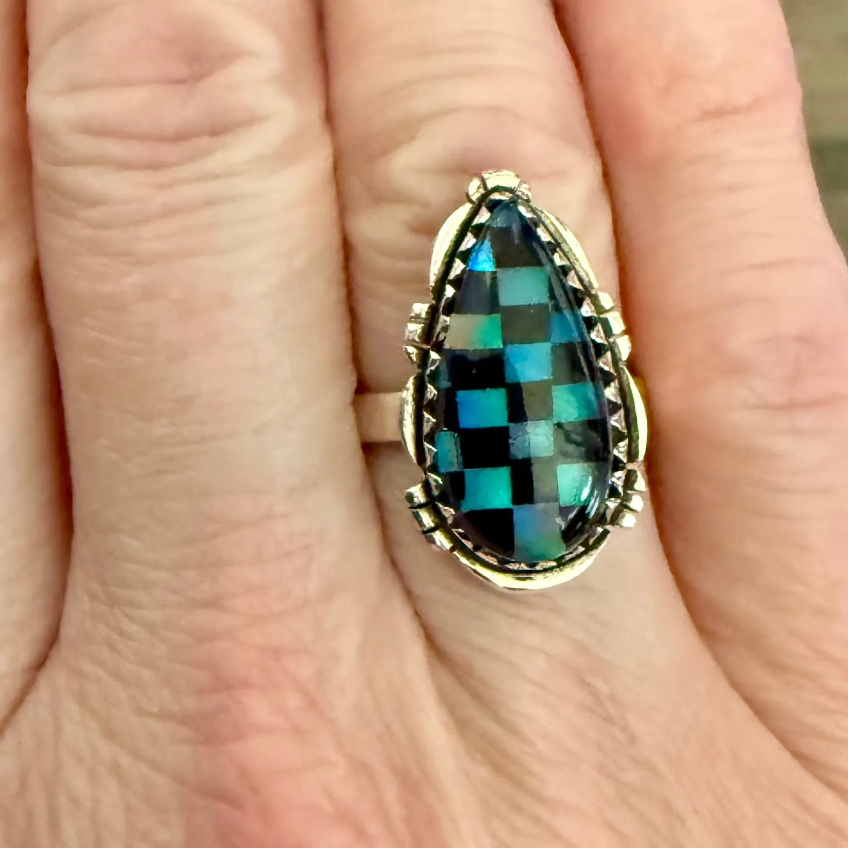 Trendy Southwest Aurora Opal And Onyx Checkerboards Sterling Silver Boho Ring Size 6
