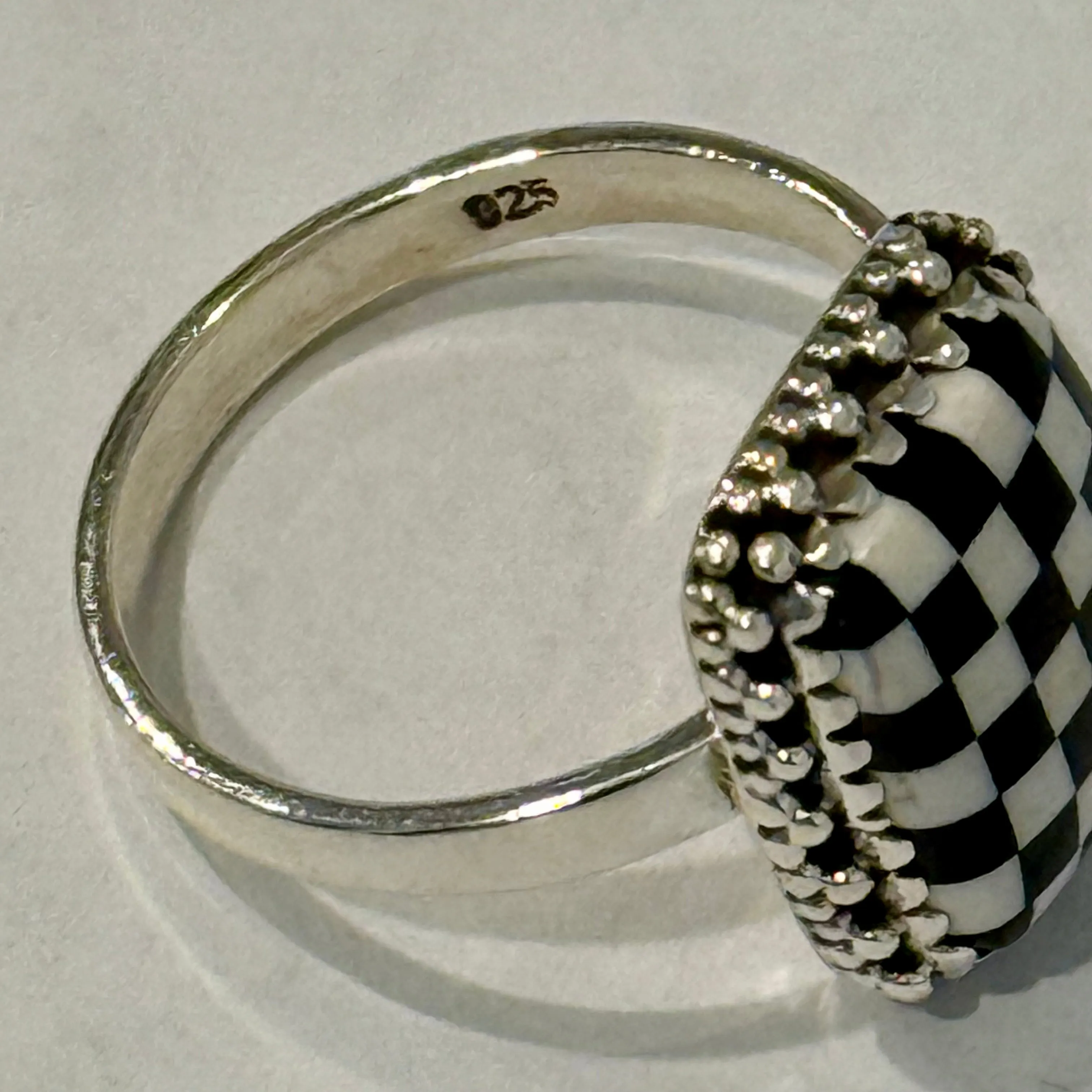 Trendy Southwest Onyx & Mother Of Pearl Checkerboard Sterling Silver Boho Ring