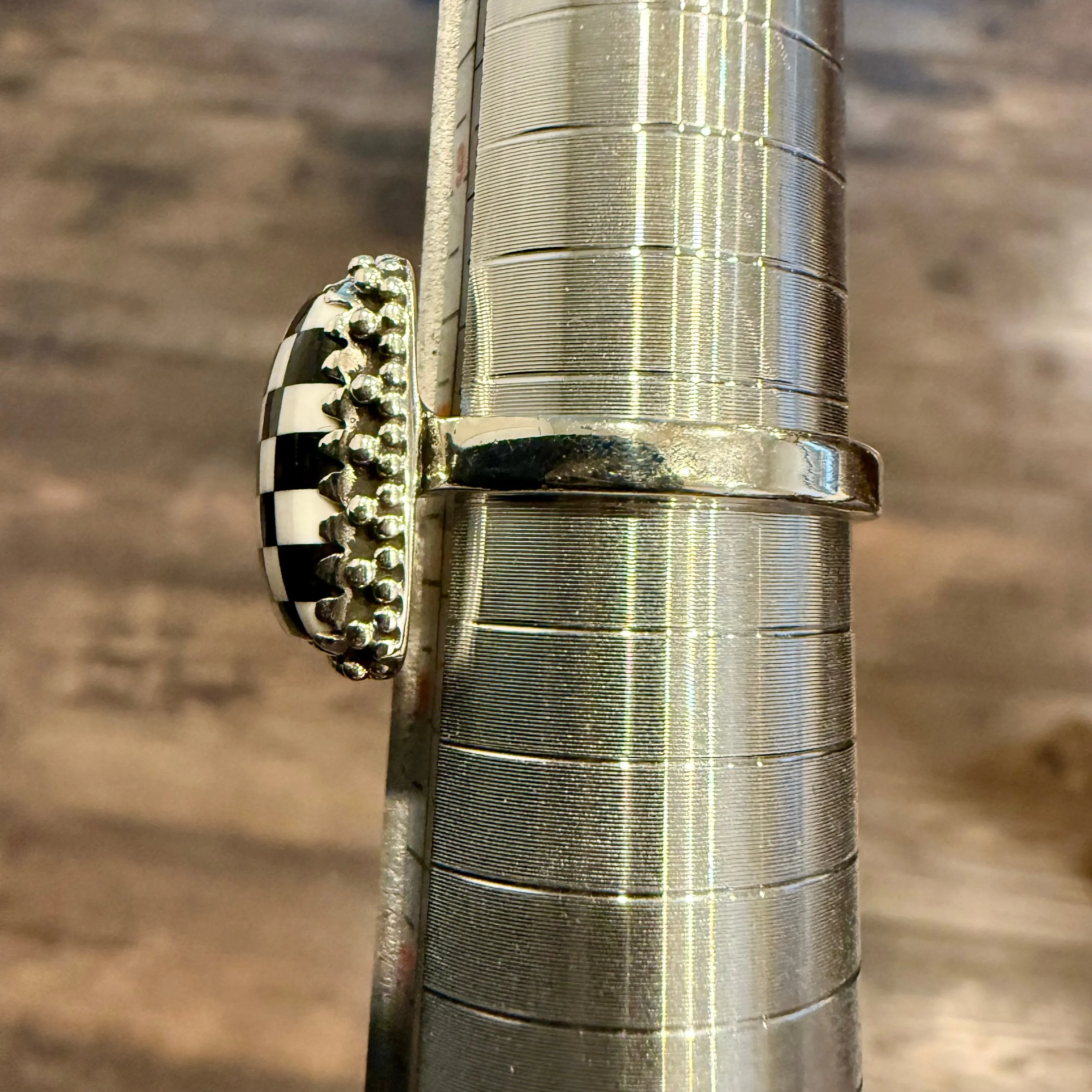 Trendy Southwest Onyx & Mother Of Pearl Checkerboard Sterling Silver Boho Ring