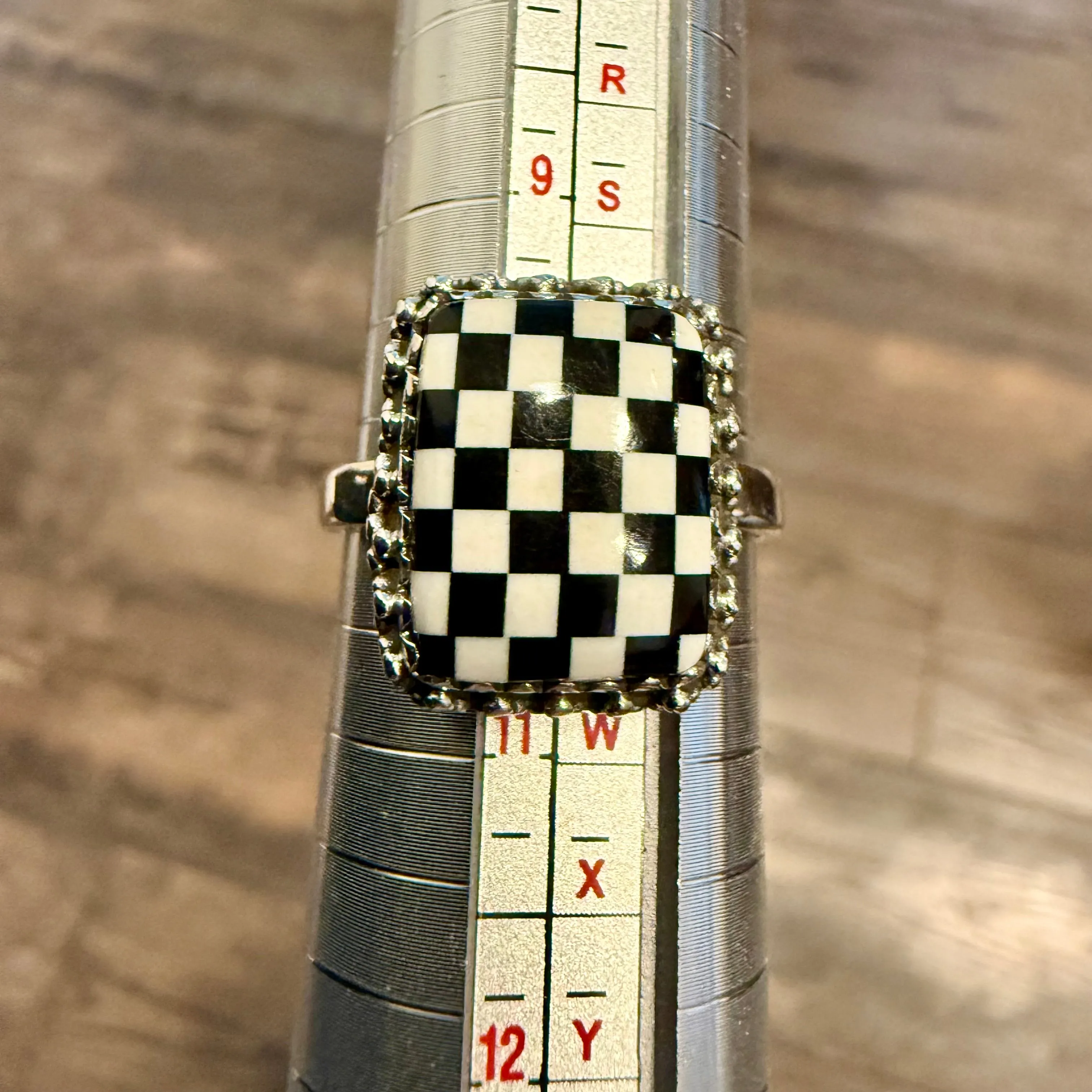 Trendy Southwest Onyx & Mother Of Pearl Checkerboard Sterling Silver Boho Ring