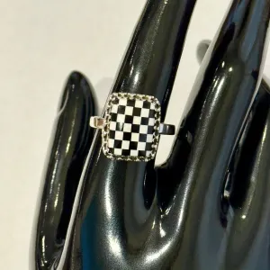 Trendy Southwest Onyx & Mother Of Pearl Checkerboard Sterling Silver Boho Ring