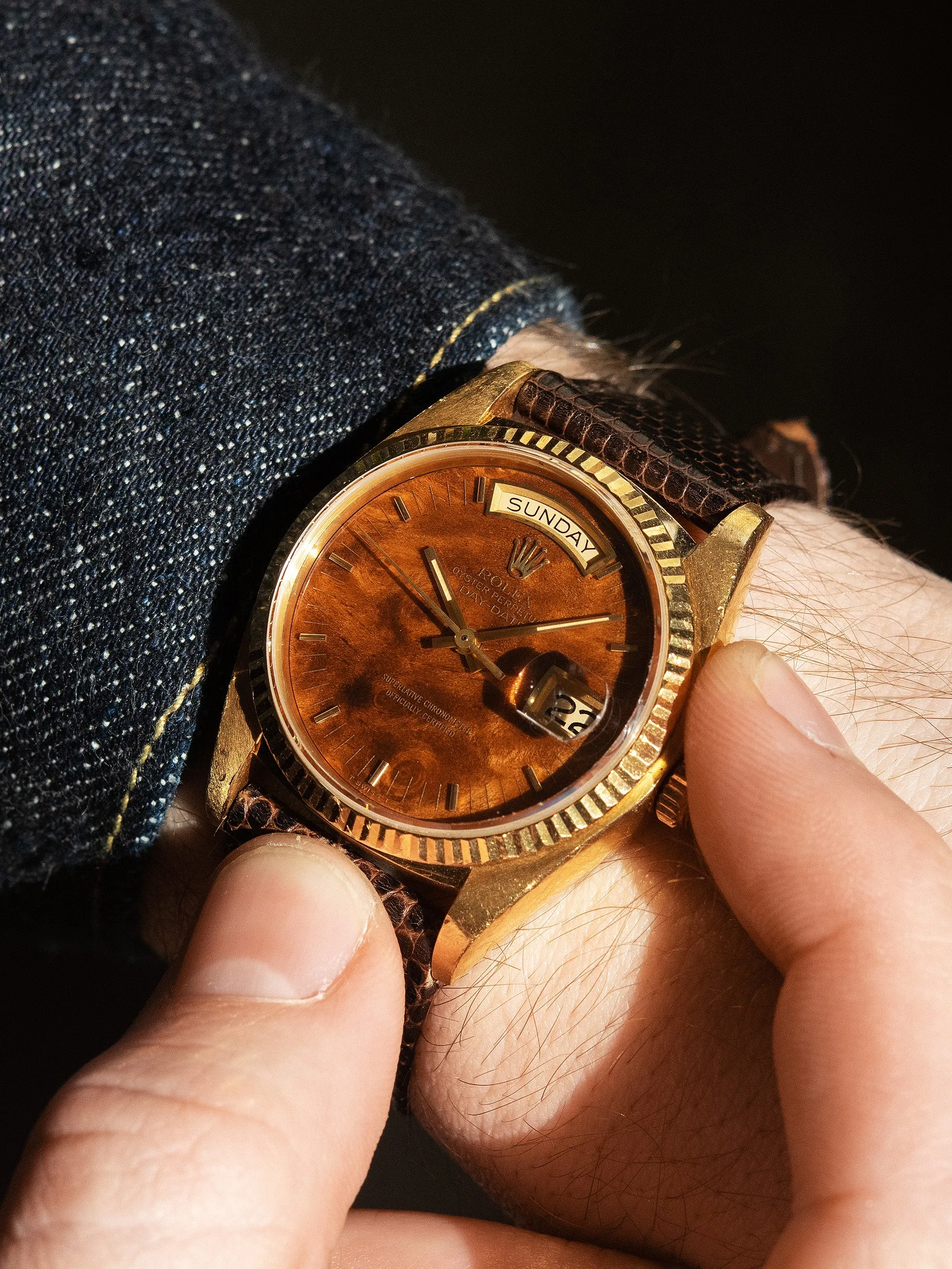 *Unpolished* 1981 Rolex Day-Date 18K YG (Ref. 18038) Burlwood Dial